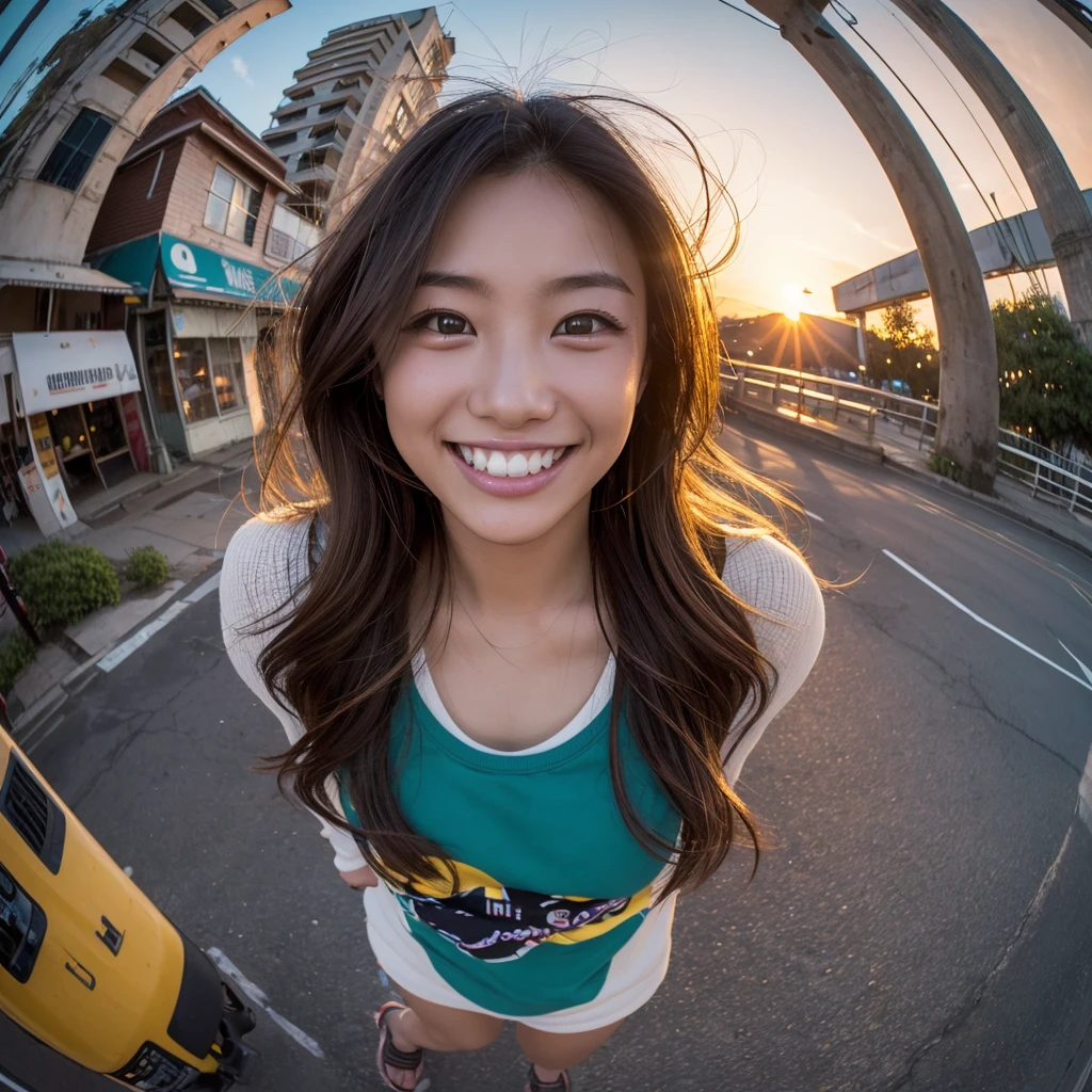 One girl, ((Fisheye, Self snap)), Wind, Dirty hair, sunset, Streetscape, (Aesthetics and atmosphere:1.2),smileの美しい女性、、Ultra HD、Japanese、One woman around 20 years old、Brown Hair、smile、((Smiling with white teeth))、