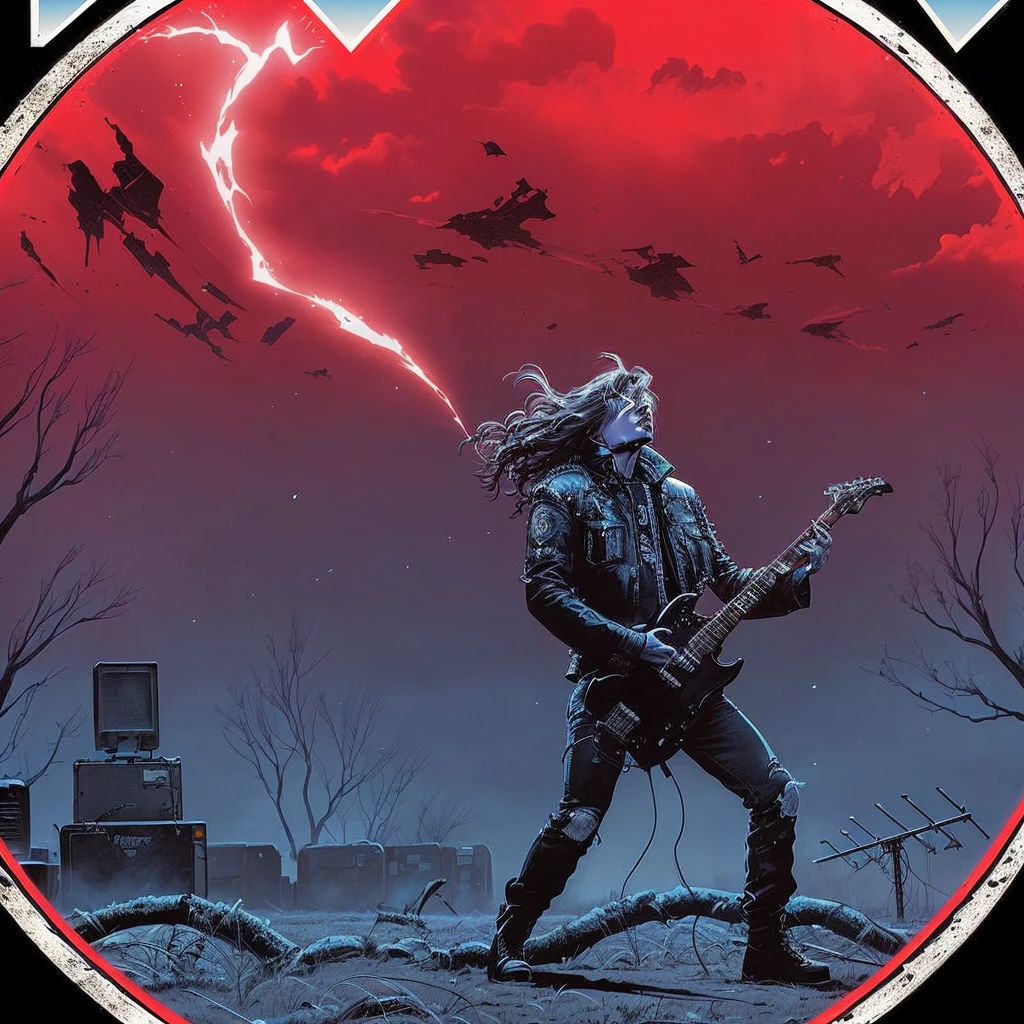 a close-up of a person with a guitar in a field, in style of heavy metal comic, heavy metal comic book cover, detailed cover art, inverno nuclear, metal album cover art, metallic destruction, heavy metal art style, 1 9 8 0&#39;s Heavy metal album art, just art for dark metal music, arte de heavy metal, heavy metal magazine cape