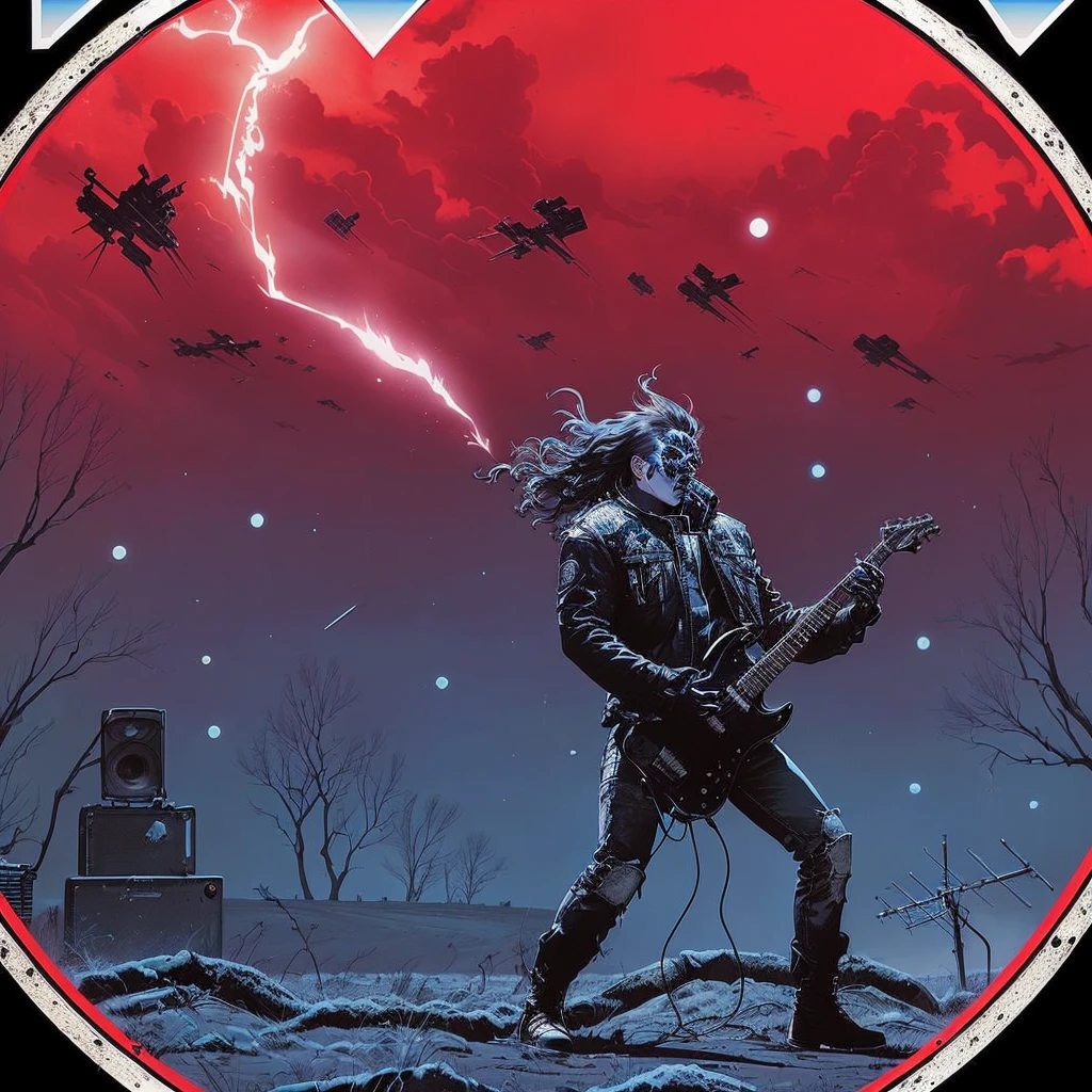 a close-up of a person with a guitar in a field, in style of heavy metal comic, heavy metal comic book cover, detailed cover art, inverno nuclear, metal album cover art, metallic destruction, heavy metal art style, 1 9 8 0's Heavy metal album art, just art for dark metal music, arte de heavy metal, heavy metal magazine cape