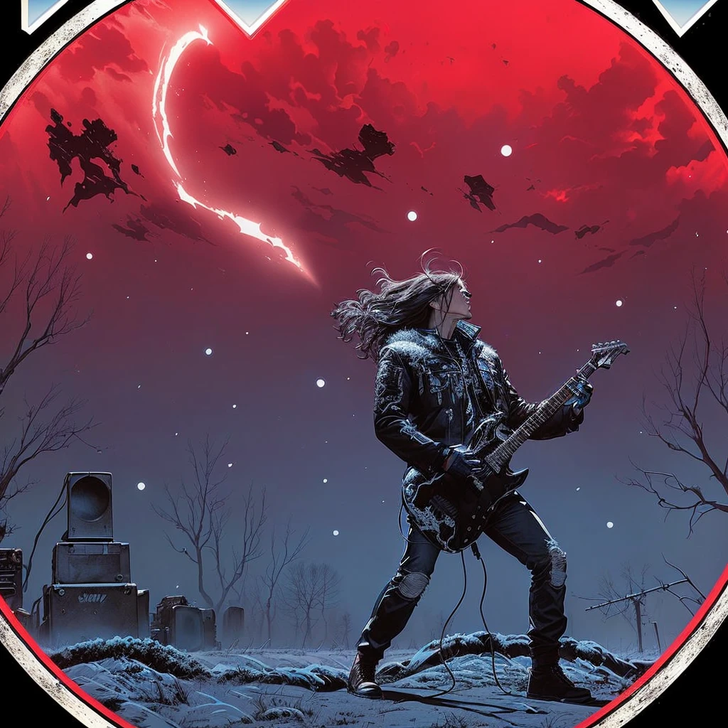 a close-up of a person with a guitar in a field, in style of heavy metal comic, heavy metal comic book cover, detailed cover art, inverno nuclear, metal album cover art, metallic destruction, heavy metal art style, 1 9 8 0&#39;s Heavy metal album art, just art for dark metal music, arte de heavy metal, heavy metal magazine cape