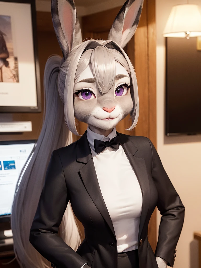 best quality,
masterpiece,
hyper Realistic,
ultra-detailed,
beautiful detailed,
4K,8K,High level,
PIXAR,
Photo real,
Portrait,
Looking at the audience,
background is an office,
Realistic lighting,
((anthropomorphic rabbit)),
detailed animals,
Complex patterns,
(furry:1.5),
(Whole skin is gray:1.4),
(body is fluffy and bushy:1.3),
((human hands)),
(Face is JudyHopps:1.35),
{((long straight hair)), ((long ponytail hair))},
wispy bangs, bangs,
purple eyes,
highlight on eyes,
crisp eyes,
(arched eyebrows:1.2),
(rised eyebrows:1.2),
(rabbit ears:1.1),
Smile,
Big Smile,
Innocent smile,
raised corners of mouth,
office lady is wearing suit,
((White blouse)) BREAK ((Black blazer)) BREAK ((Black pants)),
clothes made of wool,
((She is blushing in the cheeks)),
((Looks excited)),
(solo:1.5),
(1 lady:1.5),
one character only
alone,
Perfect Anatomy,
highlight,
sunlight,
daylight,
