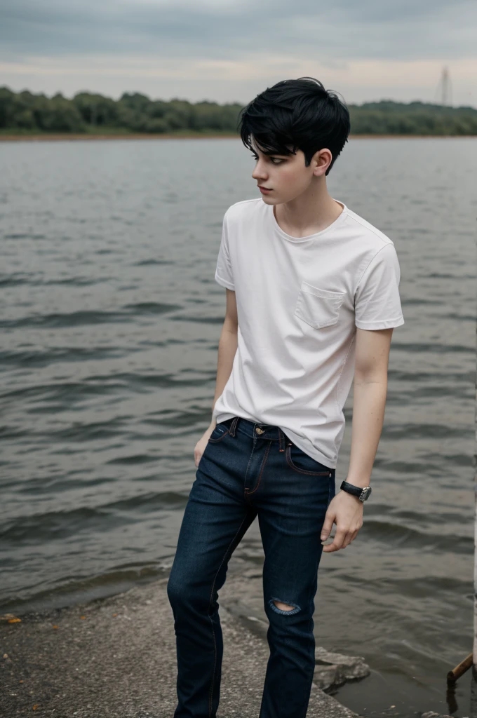 1 boy with short black hair black eyes pale skin red shirt dark jeans floating