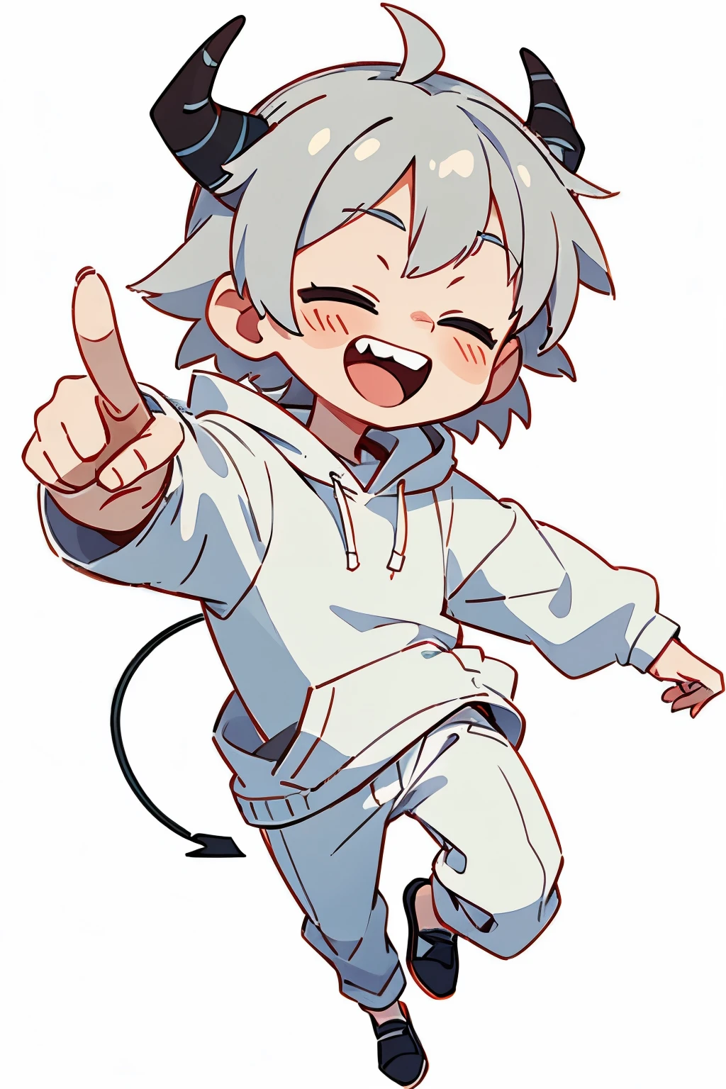 chibi drawing, Boy, white, with gray hair, wearing a white hoodie and black demon horns, laughing a lot, pointing.