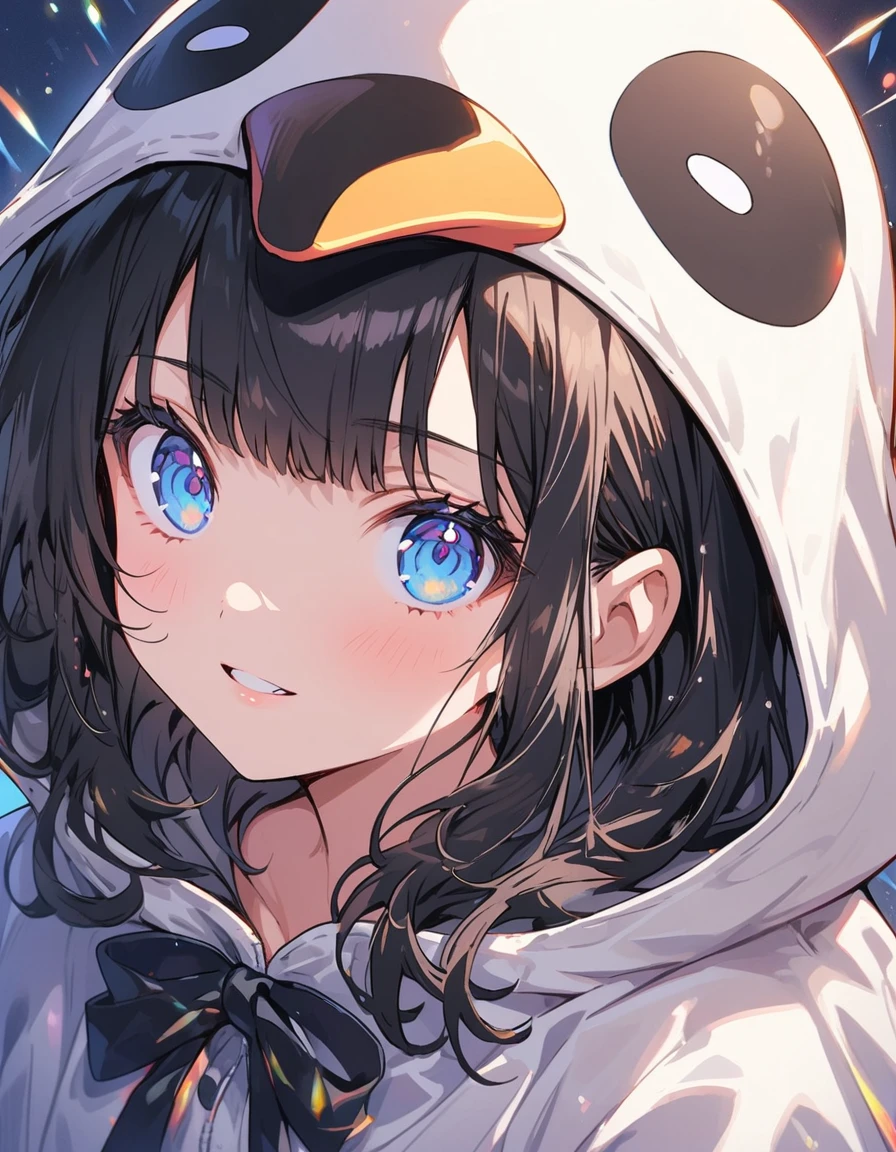 ((Wearing a penguin costume)), girl、cute、Penguin Parade、(Highest quality、masterpiece、High resolution、detailed)、animeスタイル、Flat Style、(Beautiful Eyes, Delicate and beautiful face,), break,girl1人、extremely detailed(The Shining), Best lighting, Best Shadow、floating, (High chroma), (Shine), Focus on the face, Dynamic Angle、anime、Pop Background
