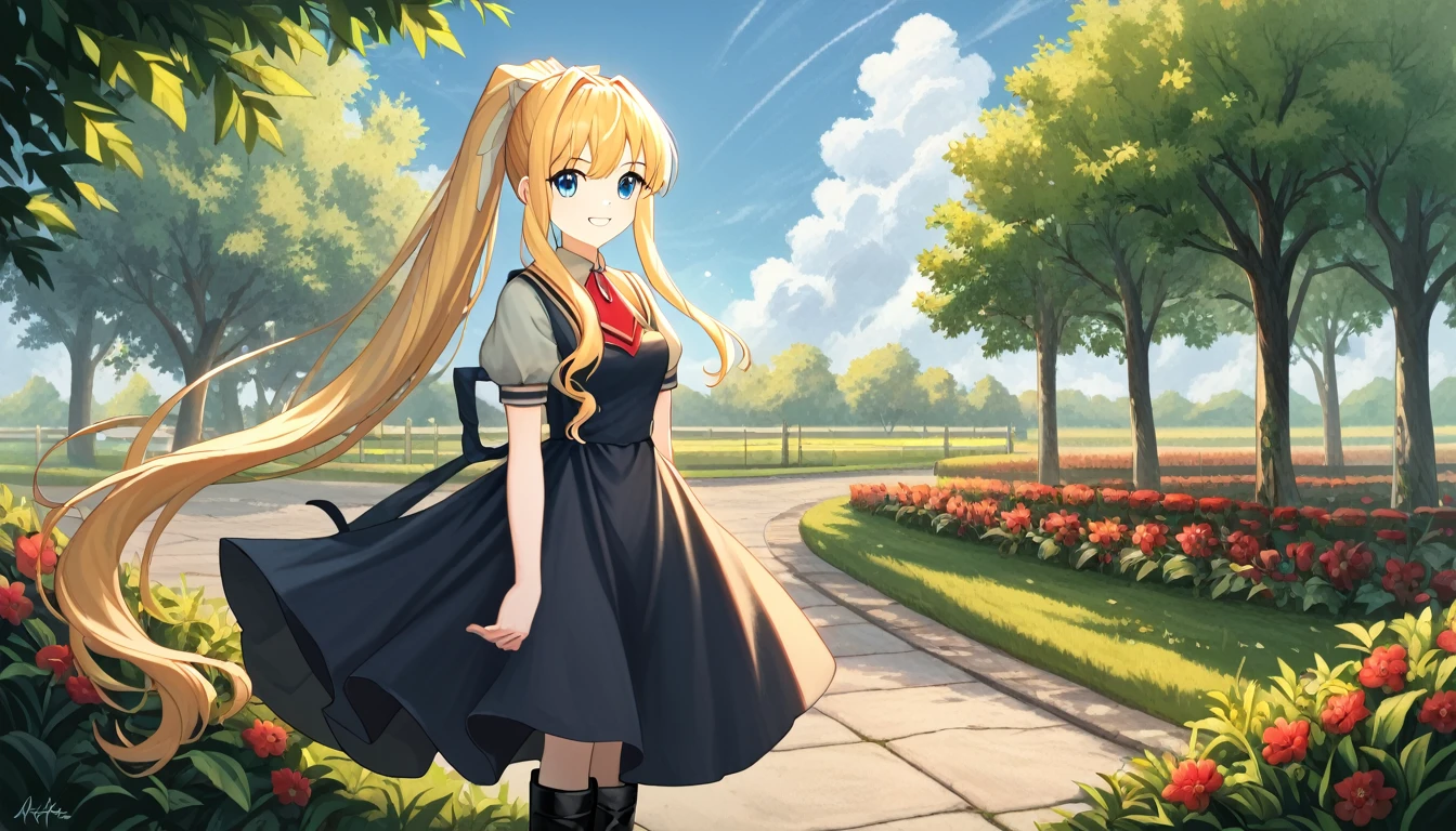 score_9, score_8_superior, score_7_superior, score_6_superior, evaluation_Safety, sauce_anime, Highest quality, masterpiece, Detailed Background, Fine grain, garden, Grass, Cowboy Shot, cute, 三鈴superior雄, Air School Dress Uniform, Black boots, Medium chest, Long ponytail, Long side locks, Grin, Vsain