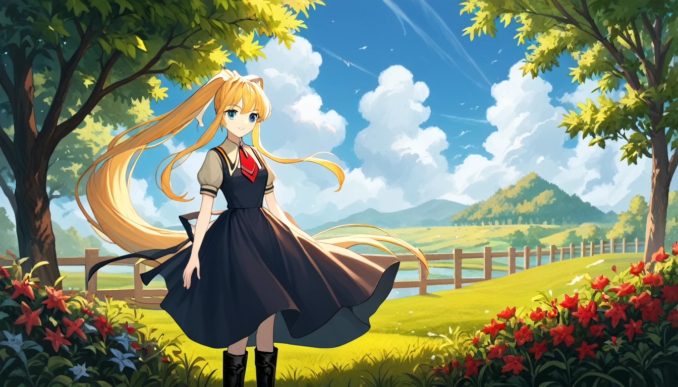 score_9, score_8_superior, score_7_superior, score_6_superior, evaluation_Safety, sauce_anime, Highest quality, masterpiece, Detailed Background, Fine grain, garden, Grass, Cowboy Shot, cute, 三鈴superior雄, Air School Dress Uniform, Black boots, Medium chest, Long ponytail, Long side locks, Grin, Vsain