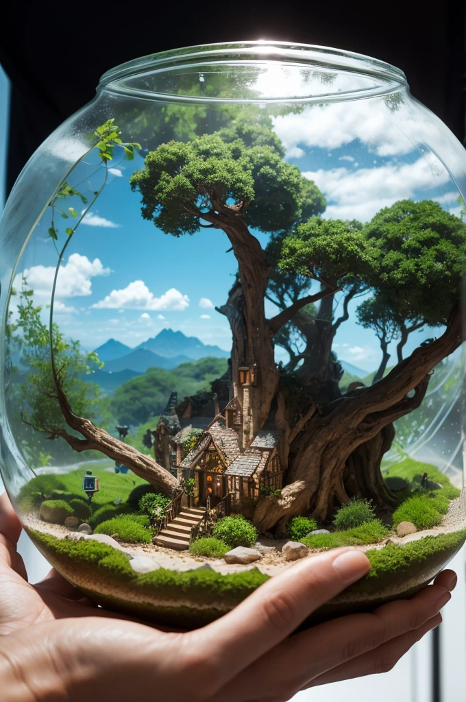 World inside a terrarium with a giant hand holding the