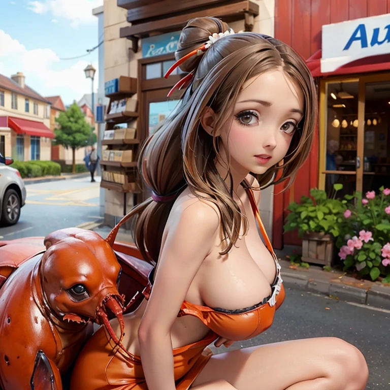 A lovely woman is in a form fitting lobster costume, she is outside of a sea food shop trying to draw in customers, a and his puppy won't leave her alone