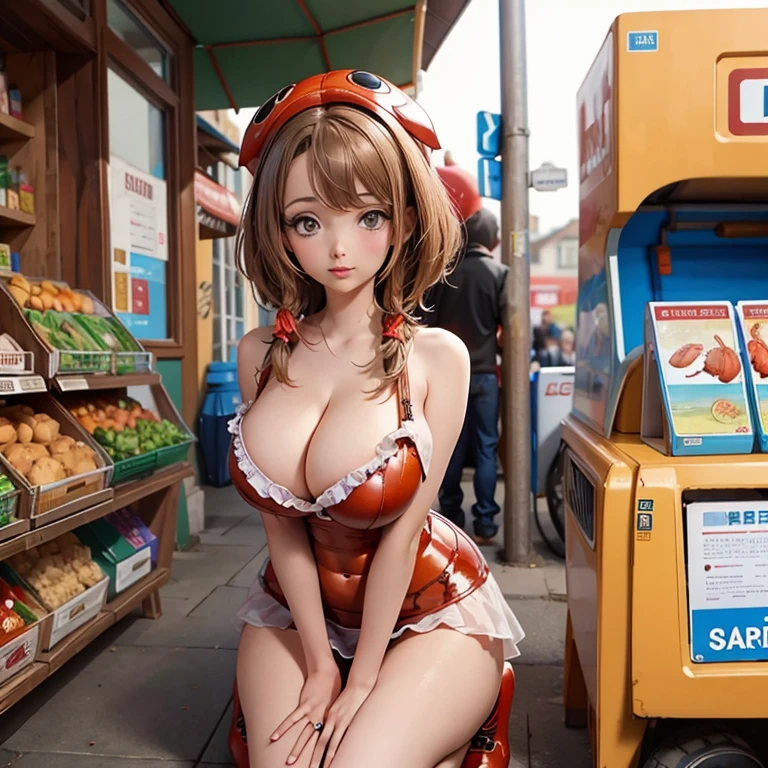 A lovely woman is in a form fitting lobster costume, she is outside of a sea food shop trying to draw in customers, a and his puppy won't leave her alone