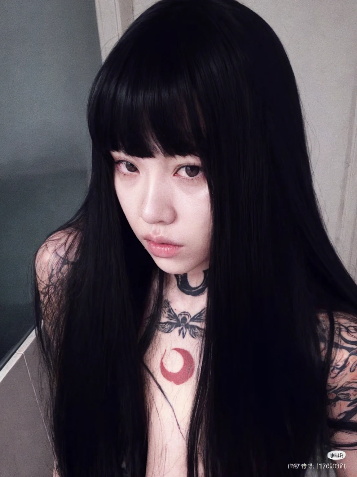 Arafed woman with long black hair and tattoos on her arm, black long straigh hair with bangs, cabelo blackbangs cabelo, She has black hair with bangs, Taiwanese woman with tattoos, long hair with bangs, long hair with full bangs, long dark hair with bangs, black bangs, Long straight bangs, black hime cut hair, black hair and white bangs, ultra HD, 8K