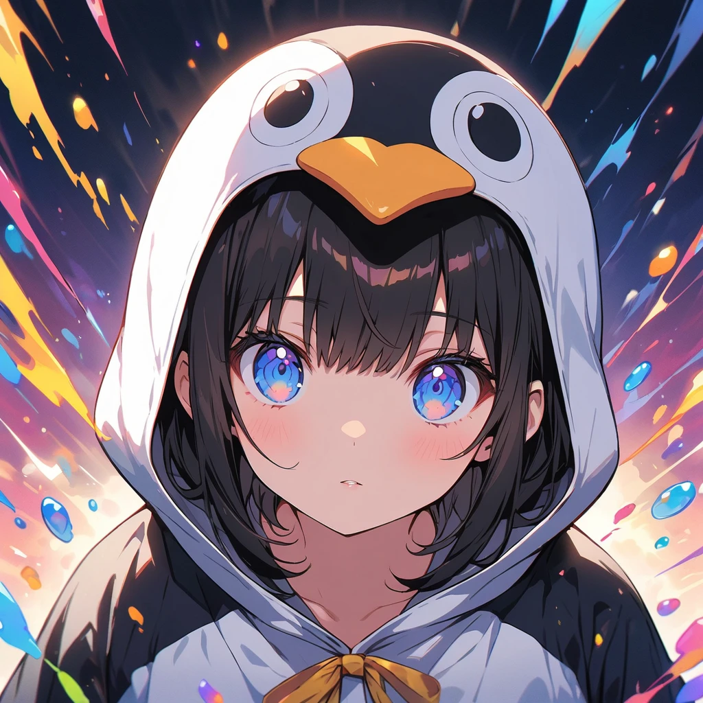((Wearing a penguin costume)), girl、cute、Penguin Parade、(Highest quality、masterpiece、High resolution、detailed)、animeスタイル、Flat Style、(Beautiful Eyes, Delicate and beautiful face,), break,girl1人、extremely detailed(The Shining), Best lighting, Best Shadow、floating, (High chroma), (Colorful Splash), Colorful bubbles, (Shine), Focus on the face, Dynamic Angle、anime、Pop Background