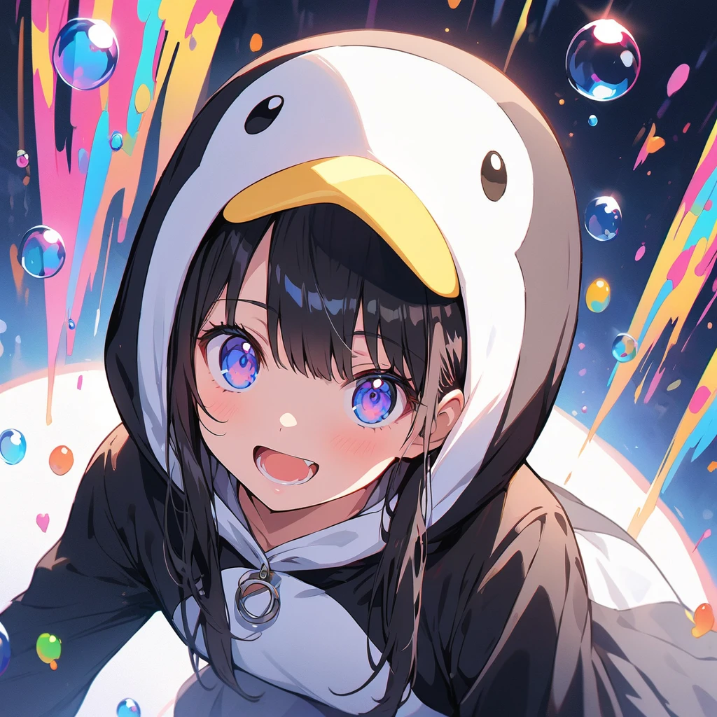 ((Wearing a penguin costume)), girl、cute、Penguin Parade、(Highest quality、masterpiece、High resolution、detailed)、animeスタイル、Flat Style、(Beautiful Eyes, Delicate and beautiful face,),  break,girl1人、extremely detailed(The Shining), Best lighting, Best Shadow、floating, (High chroma), (Colorful Splash), Colorful bubbles, (Shine), Focus on the face, Dynamic Angle、anime、Pop Background