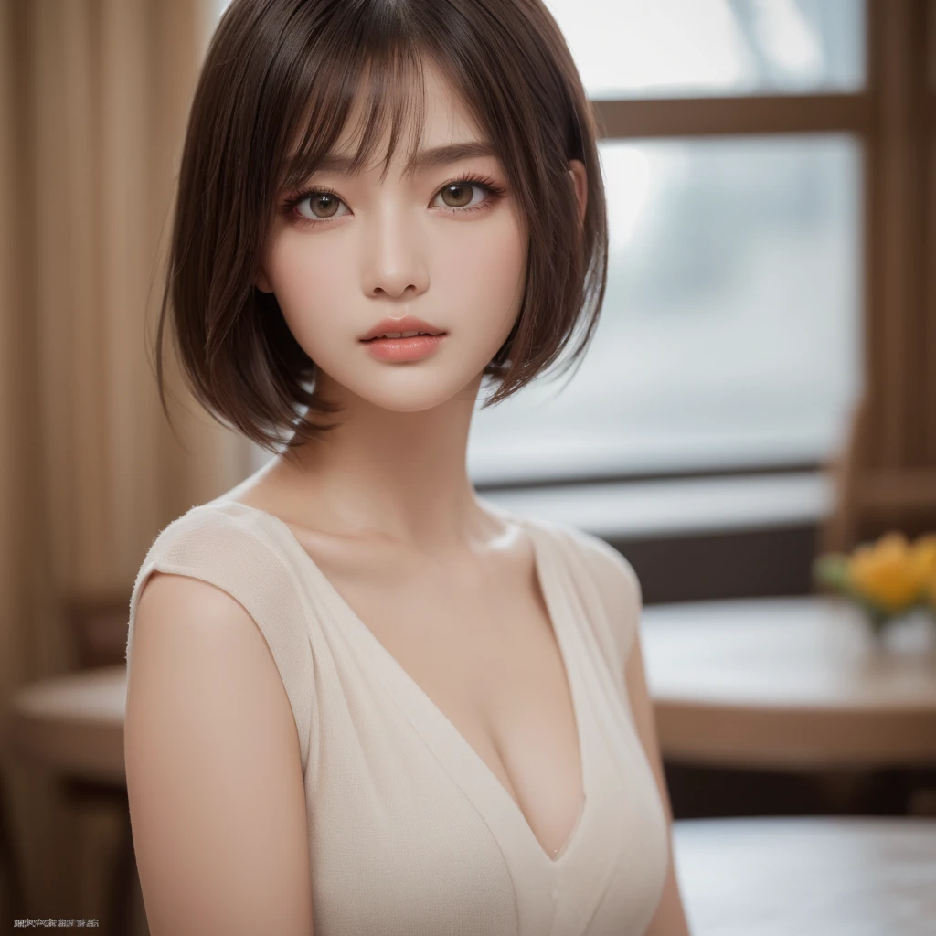 1 girl, highest quality, 35mm lens, f/1.8, perfect skin, realistic, (A sexy adult face:1.2), 8K, award winning photography,nice, (portrait:0.6), cinematic, ultra high resolution,big breasts,cleavage,hairstyle bob