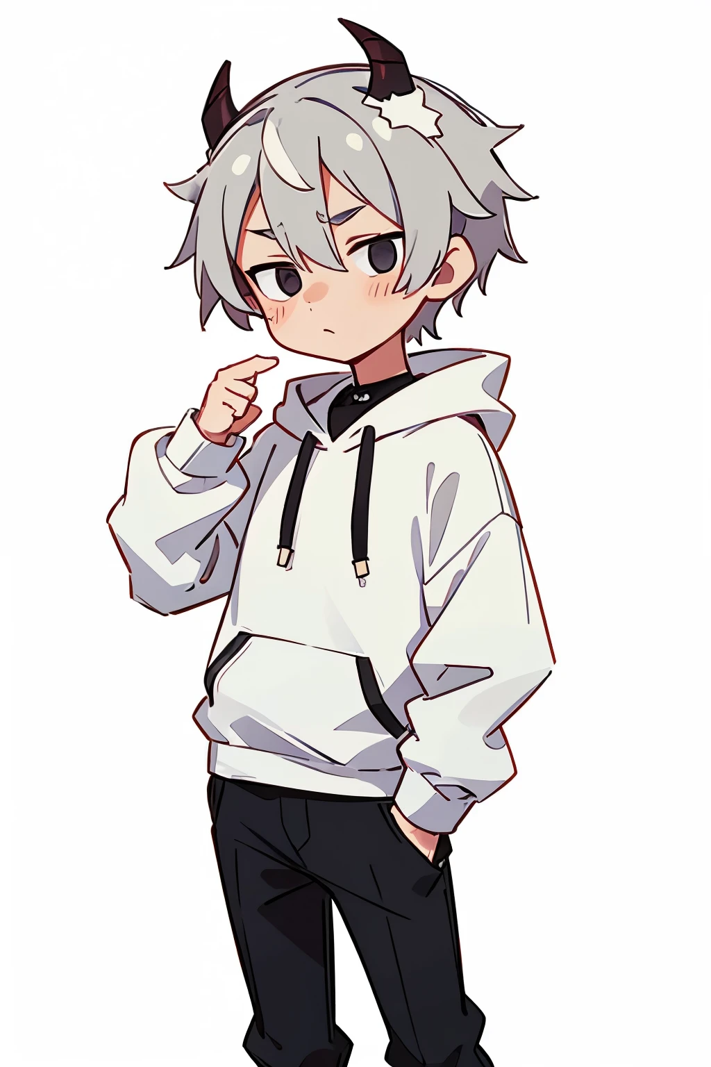chibi drawing, Boy, white, with gray hair, wearing a white hoodie and black demon horns, thinking.