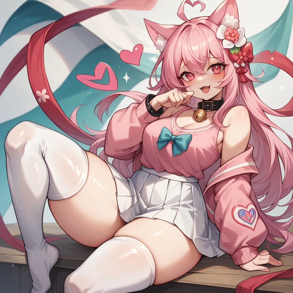 nothing, pink  hair, PINK CAT Ears, eyes of the god niji, god of eyes, eyes with pink heart symbol, white and pale skin, fluffly, thick thighs, thick thighs, detailed artwork, pink shirt, flag on the arm of BI pride, white skirt, silk stockings, socks with bow, flower necklace on head, mic ,peito mic e fluffly, black collar with white bell