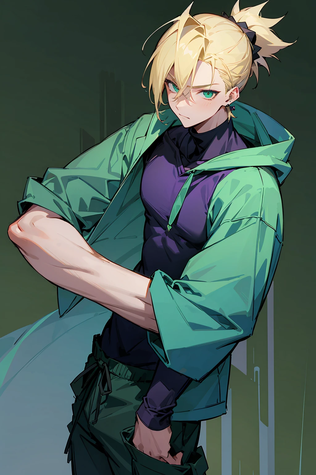 1male , Blonde Hair , Spiky Ponytail , Cyan Green Eyes , Purple Hoodie , Black Turtleneck T-Shirt , Modern Forest Background , Young Male , Earring , Cargo Shorts , Ninja Clothing 