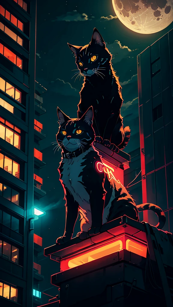 neon, cyber punk, natta, night-time, moon with strong light, orange cat, on top of a building, on the edge of the building,