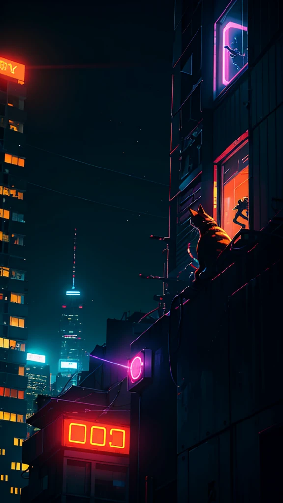 neon, cyber punk, natta, night-time, moon with strong light, orange cat, on top of a building, on the edge of the building,