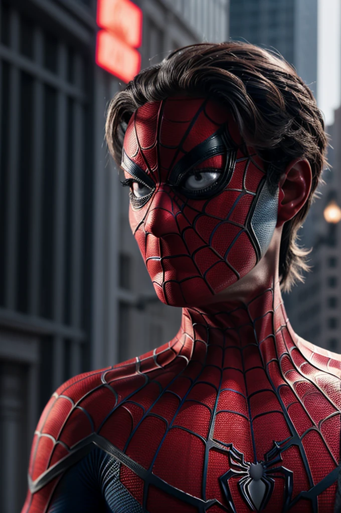 A photograph of Spider-Man., sin mascara, the 20s, elegant, detailed face, looking to the camera, portrait, 8k hd, high quality