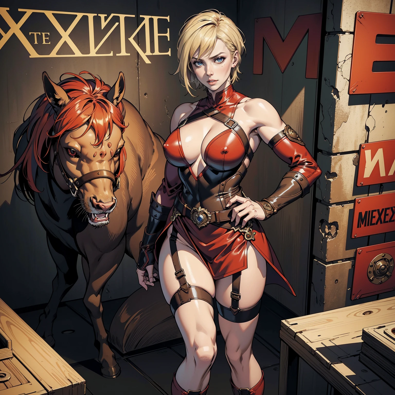 Masterpiece, Ultra extremely detailed, Insanely Definition - quality, 8k, (vibrant colors,vibrant theme), (intricate), full body , NSFW A muscular 35-year-old Russian warrior woman almost naked in the Simon Bisley style for the cover of Heavy Metal magazine, bare thighs, garter belt, super short blonde hair, Minimum clothing, red carbon fiber clothing in chevron pattern, red clothing , short-cut , Annie Lennox , full body
