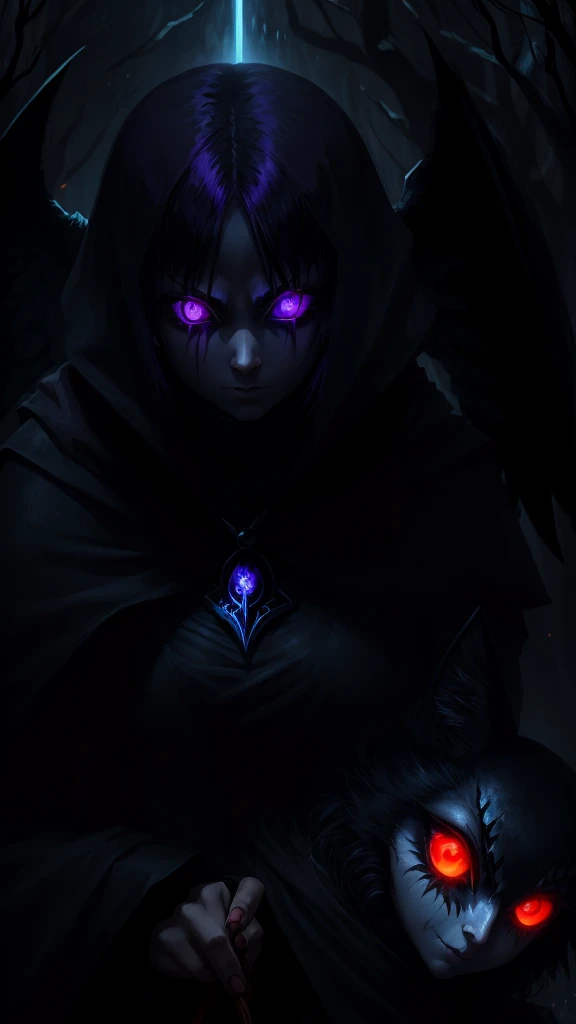 girl, glowing eyes, evil and scary look, raven nearby, шедевр, лучшее качество