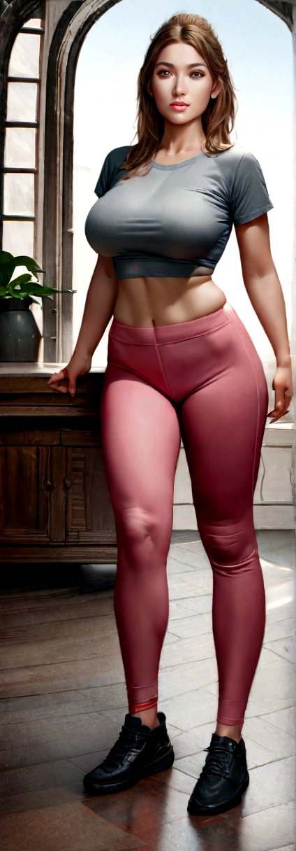 Ultra detail, high resolution, (realistic, realistic:1.4), 8k, (best quality), physical-based rendering, photorealistic photos, professional color grading, highest quality, gray bra and tight pink leggings, full body, cropped t-shirt, slim body, 24 year old female model, ????????????