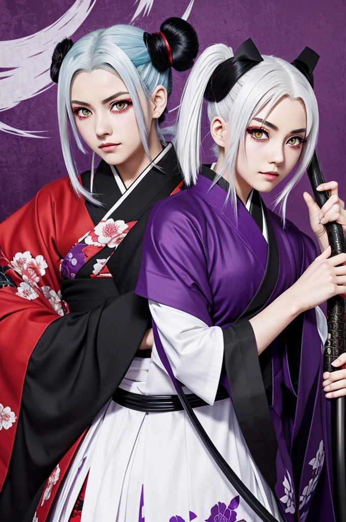 Kimetsu no yaiba anime girl with white hair and red eyes, with a black kimono and a purple katana