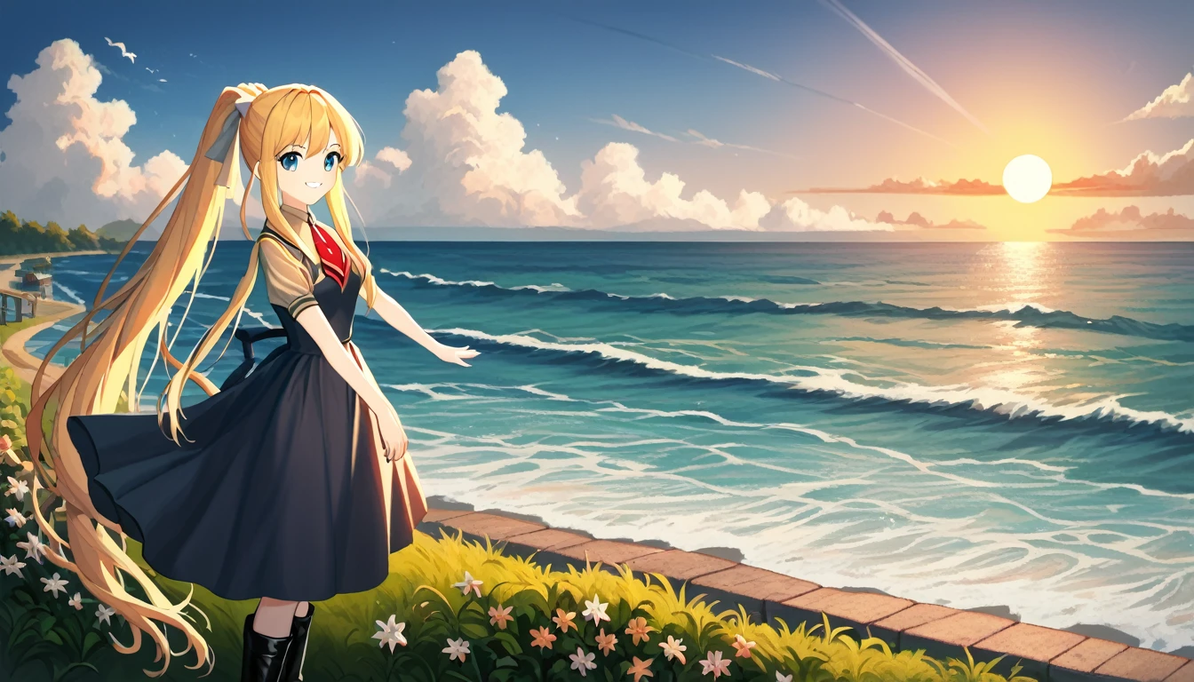 score_9, score_8_superior, score_7_superior, score_6_superior, evaluation_Safety, sauce_anime, Highest quality, masterpiece, Detailed Background, Fine grain, garden, Grass, Cowboy Shot, cute, 三鈴superior雄, Air School Dress Uniform, Black boots, Medium chest, Long ponytail, Long side locks, Grin, Vsain　Ocean岸,Ocean,Wave,sun