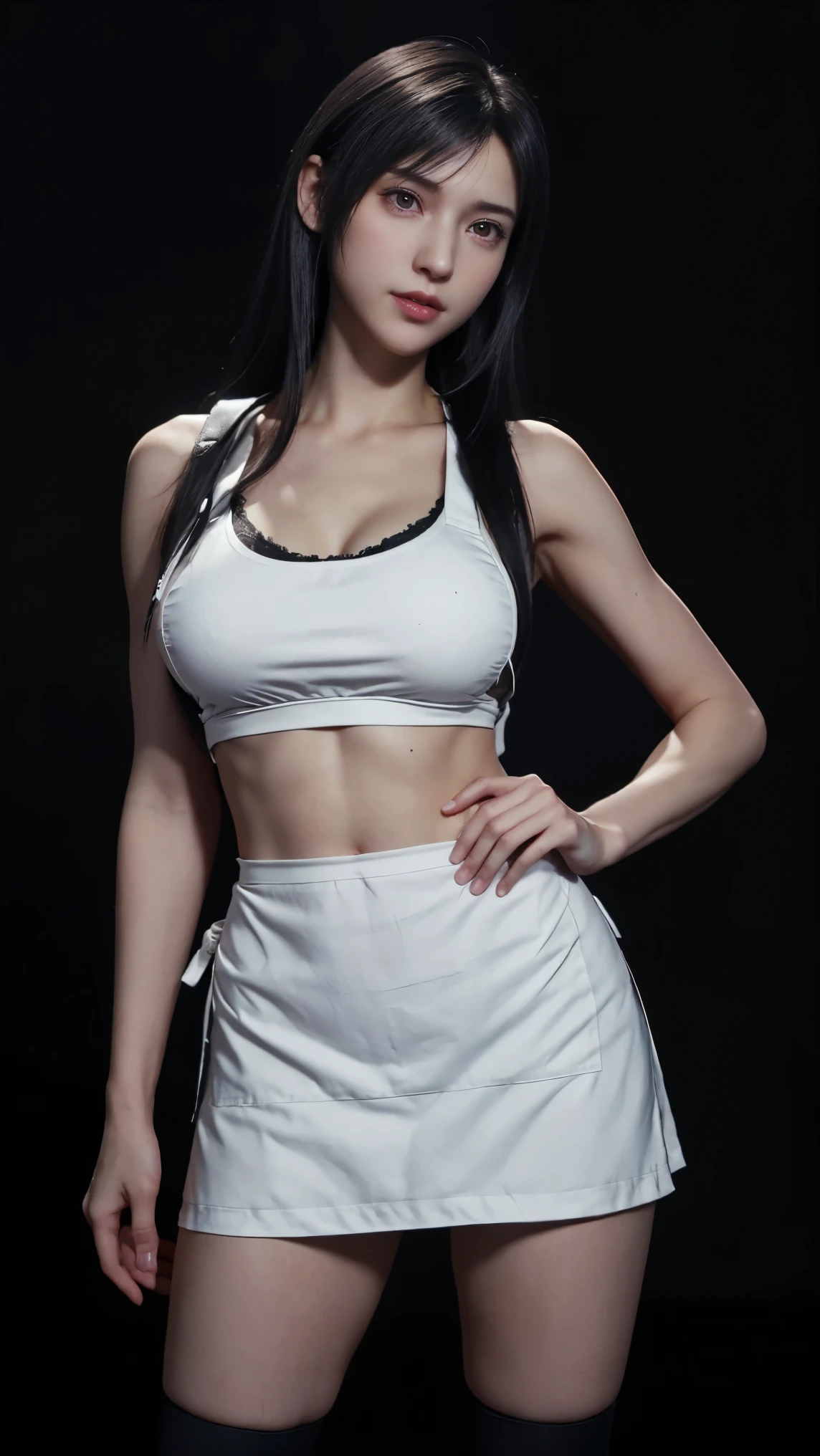 8K, Top Quality, Intricate Details, Ultra Detail, Ultra High Resolution, Masterpiece, close up shot, (full body: 1.1), Slender, Smile, (Makeup: 0.4), (), (Fluffy Eyes: 1.21), ((bangs)), 1girl, solo, 1 girl, (((red eyes, black hair, bangs, long hair)), ((Tifa,Tifa・lockhart,Final Fantasy 7,FF7,l)), close up shot, , ((tall)), (((fit body))), (((slim face))), sharp face, ((apron)) , (detailed face), sharp face, small lips, ( bartender ),
((, )), , ((,)), detailed face, detailed breast, large breast, huge breast, (( )), detail ass, Narrow Waist, Skinny, tall , 175 cm tall, Muscular, Navel, Exposed Abdomen, Pointed Chest,, Beautiful girl with accentuated slender abs: 1.4, Six Pack Abs: 1.4,, Perfect Body, detail leg, (( dark background)), black background,