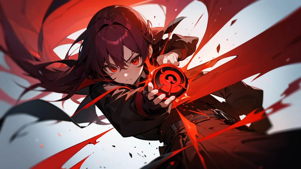 anime girl, holding powerful red rune in between hands, powerful scenemy, black and red energy overflowing around