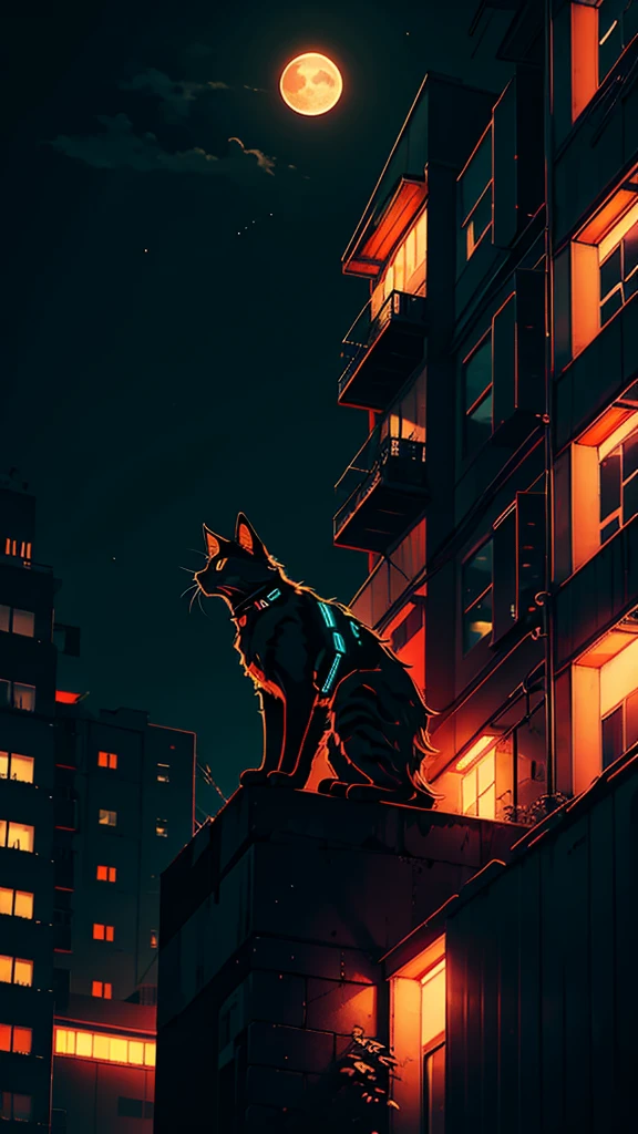 neon, cyber punk, natta, night-time, moon with strong light, orange cat, on top of a building, on the edge of the building,