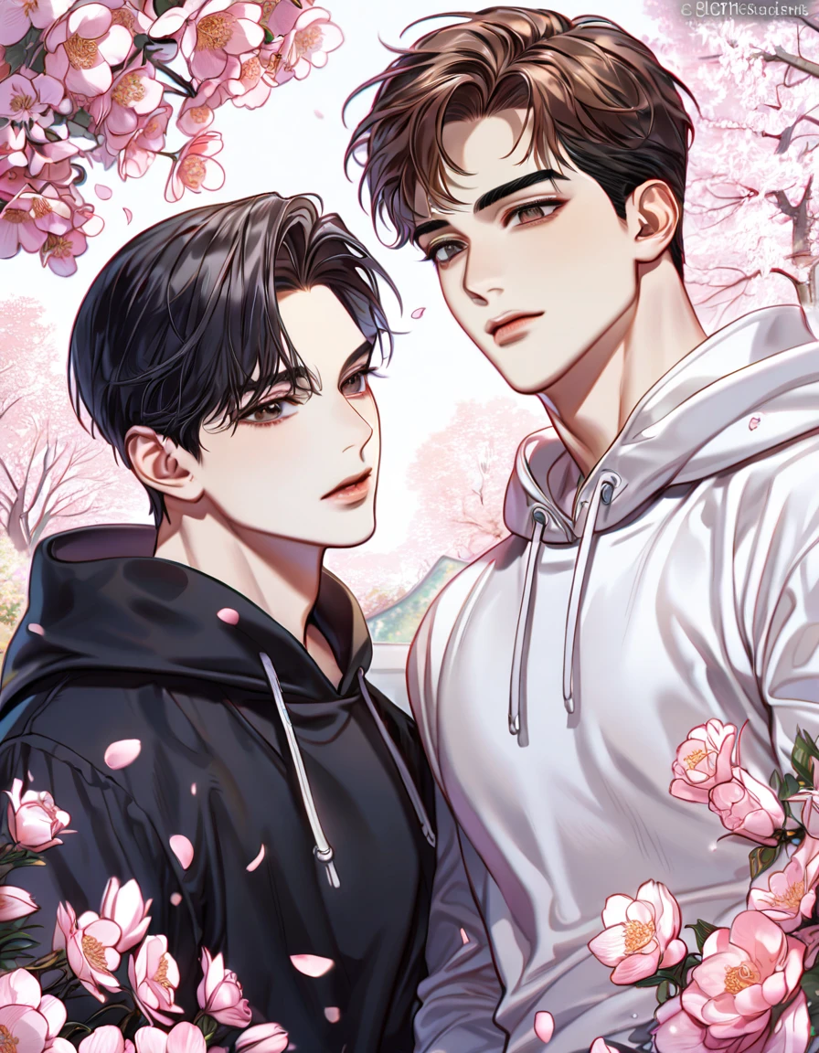 absurdres, highres, ultra detailed, HDR, master piece, best quality, perfect eyes, defined appearance, Joo Jaekyung, black hair, expressive gray eyes, Jinx, Kim Dan, brown hair, expressive brown eyes, two sexy men together, handsome, yaoi, gay couple, black shirt, white hoodie, blossoms, pink flowers, spring, park