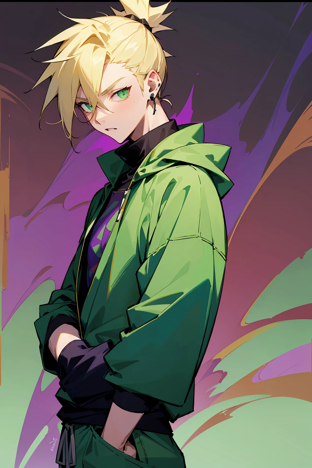 1male , Blonde Hair , Spiky Ponytail , Cyan Green Eyes , Purple Hoodie , Black Turtleneck T-Shirt , Modern Forest Background , Young Male , Earring , Cargo Shorts , Ninja Clothing , Perfect Generation , Masterpiece Quality