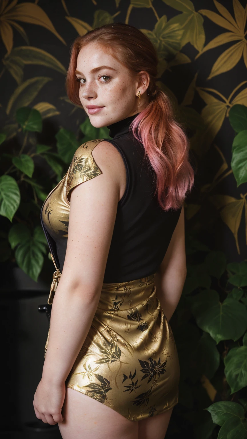 A melancholic beauty amidst the shadows of a dimlit bathroom at night(gold/back floral-print wallpaper, lush plants). A ginger curvy girl(, freckles, very busty) exudes confidence and elegance(Smirk face expression), her pink-eyes(piercing through the darkness). ((Dressed in a modern edgy and casual design, a black turtleneck top would be fitted to her bust, and the mini dress cinched at the waist to highlight her curves. The pink jacket adds a pop of color, and the ankle boots, and shoulder bag tie the outfit together. The high ponytail adds a youthful, dynamic touch)). She's surrounded by lush plants in a dimlit bathroom (gold/back floral-print wallpaper, lush plants), The natural light casts long shadows, Sadness and oppressive atmosphere of this vintage-photography-style image. A 70mm grainy film captures the scene, with a bokeh effect. ((CLOSE UP SHOT; FROM the behind VIEW))