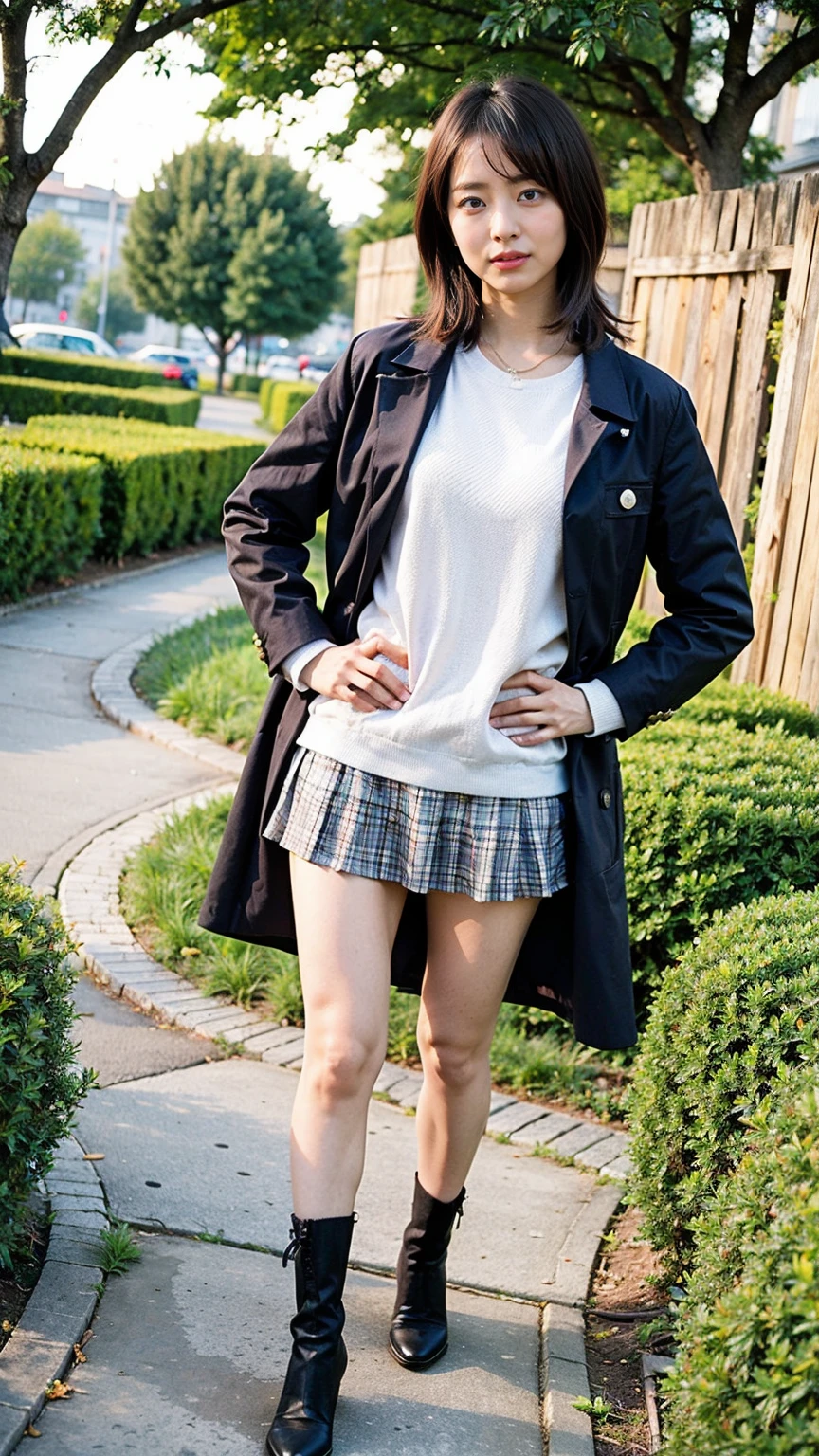 (8K、RAW Photos、Highest quality、masterpiece:1.2)、(Realistic、Realistic)、1 Girl、((Black coat、one piece、Black mini skirt、boots、Big Breasts、whole body、garden、View from the front、Looking into the camera、Stand with one hand on your hip))、