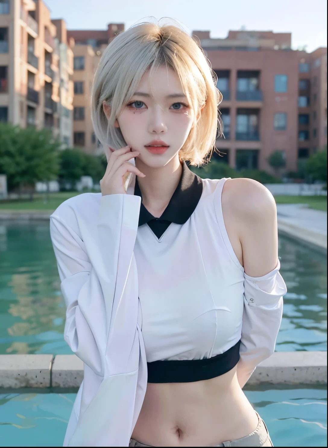 Beautiful woman with perfect figure:1.4,Swimming background,Desert Background,Ultra-high resolution,Seductive laughter,wear glasses,White legs,(lifelike:1.4),Layered Hairstyle,White皮肤,Black mini pleated skirt,whole body,Very delicate face and skin texture,Double eyelids,Skin Whitening,Long hair,White hair,White,