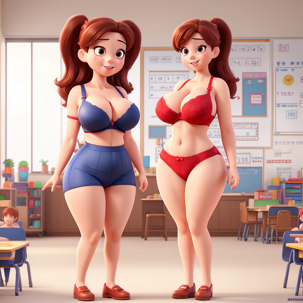 Sexy kindergarten teacher with huge breasts and in a small bra playing with her students 