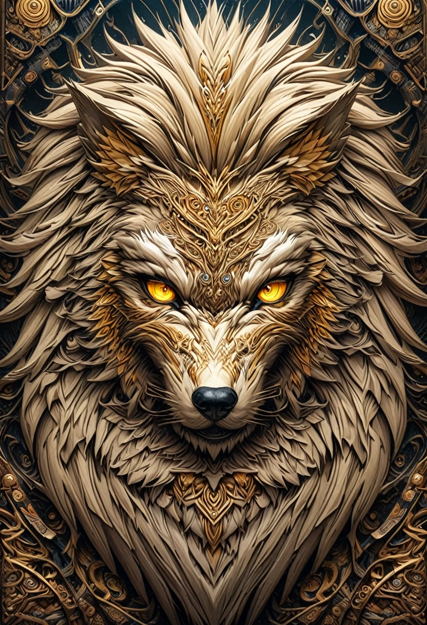 a drawing of a lobo with a flower pattern on its face, Highly detailed and hypnotic, hyper detailed lobo - like face, goldenlobo, incredibly intricate, he has yellow lobo eyes, Intricately detailed fur, lobo, Intricate artwork, Highly detailed 4k art, great lobo, Highly detailed 4k art., Highly detailed symmetry, intricate detailed 4k, wolves and their treasures