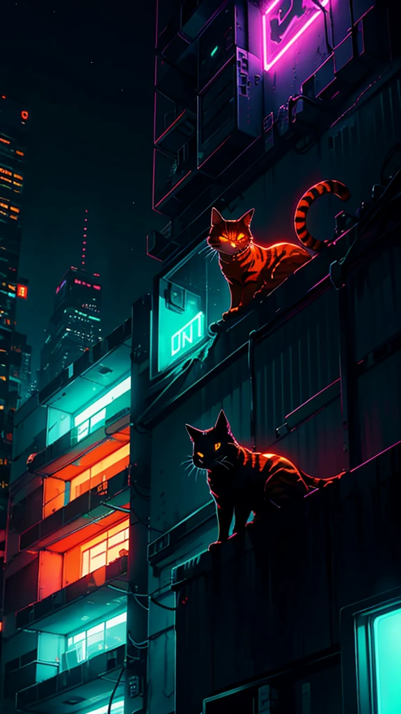 neon, cyber punk, natta, night-time, moon with strong light, orange cat, on top of a building, on the edge of the building,