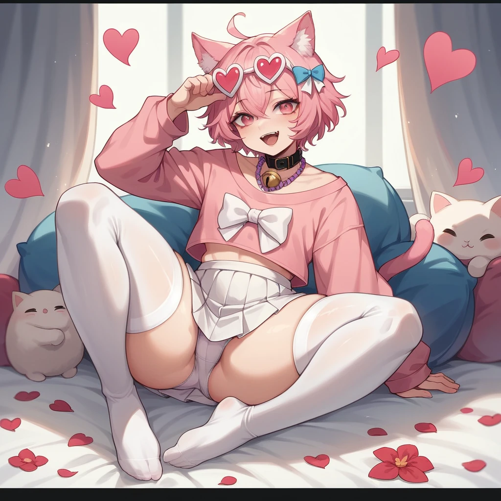 nothing, Pink short hair, PINK CAT Ears, eyes of the god niji, god of eyes, eyes with pink heart symbol, white and pale skin, fluffly, thick thighs, thick thighs, detailed artwork, pink shirt, flag on the arm of BI pride, white skirt, silk stockings, socks with bow, flower necklace on head, mic ,peito mic e fluffly, black collar with white bell