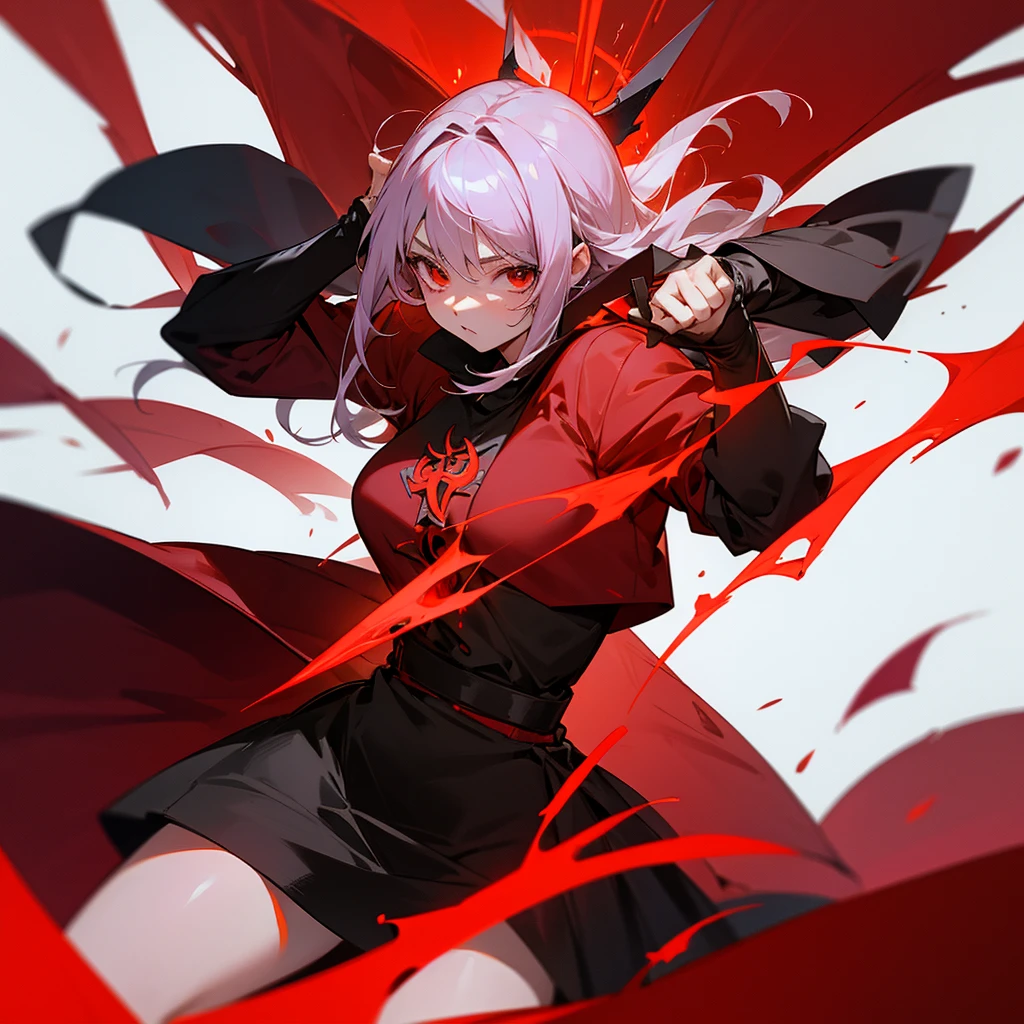 anime girl, holding powerful red rune in between hands, powerful scenemy, black and red energy overflowing around