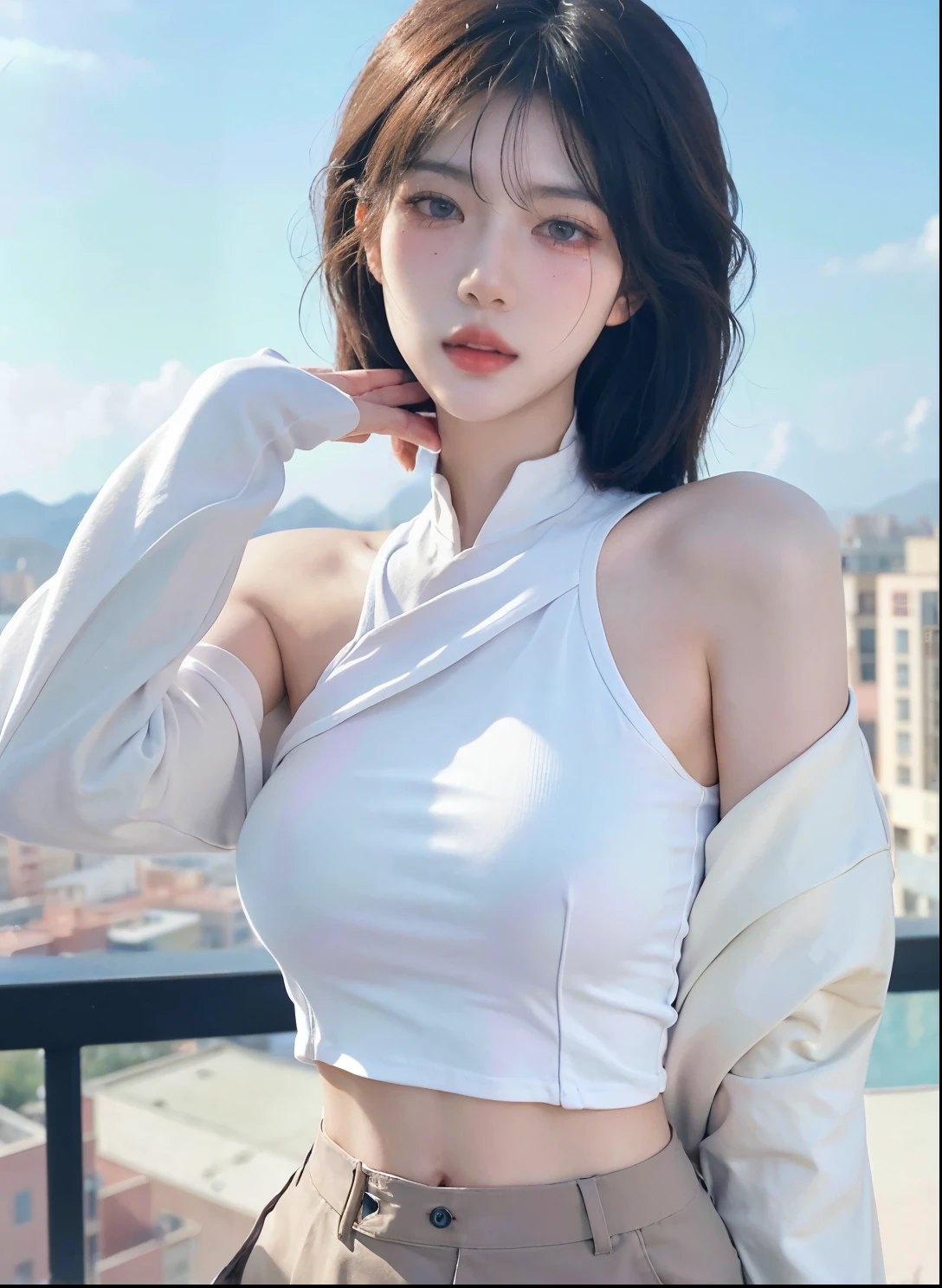 Beautiful woman with perfect figure:1.4，Ultra-high resolution，Seductive laughter，wear glasses，Desert Background，（lifelike：1.4），Layered Hairstyle，White皮肤，Super short pleated skirt，whole body，Very delicate face and skin texture，Double eyelids，Skin Whitening，Long hair，White hair，White，