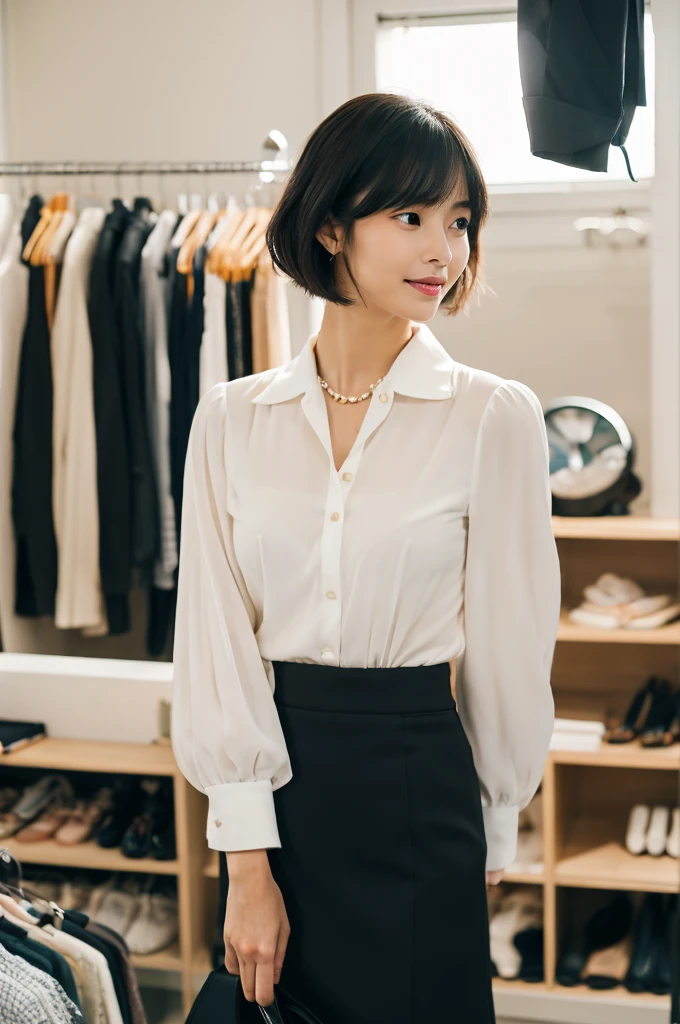 Suit, backstage at studio, talent agency manager,((full body)),((photo)),((best qualtiy, 8K, tmasterpiece:1.3)), Focus:1.2, perfect figure beautiful girl:1.4,1girl,cowboy shot,look at viewer,incredibly absurd, beautiful and cute girl with a photorealistic face, showcasing top-quality craftsmanship, Japanese woman writing work instructions in her notebook, 20 years old, shoulder-length bob cut, thick, straight black hair with bangs, shiny black hair, large eyes, round face, long eyelashes, soft smile, thin eyebrows, small nose, glossy lips, smooth skin, fair skin, fine-grained skin, tall, slender figure, well-balanced proportions, delicate limbs, small B-cup breasts, white blouse, black tight skirt, heeled pumps, watch, earrings, pretty older woman, beautiful, neat, fashionable, cheerful, positive, curious, sociable, responsible, highly trusted by those around her, October