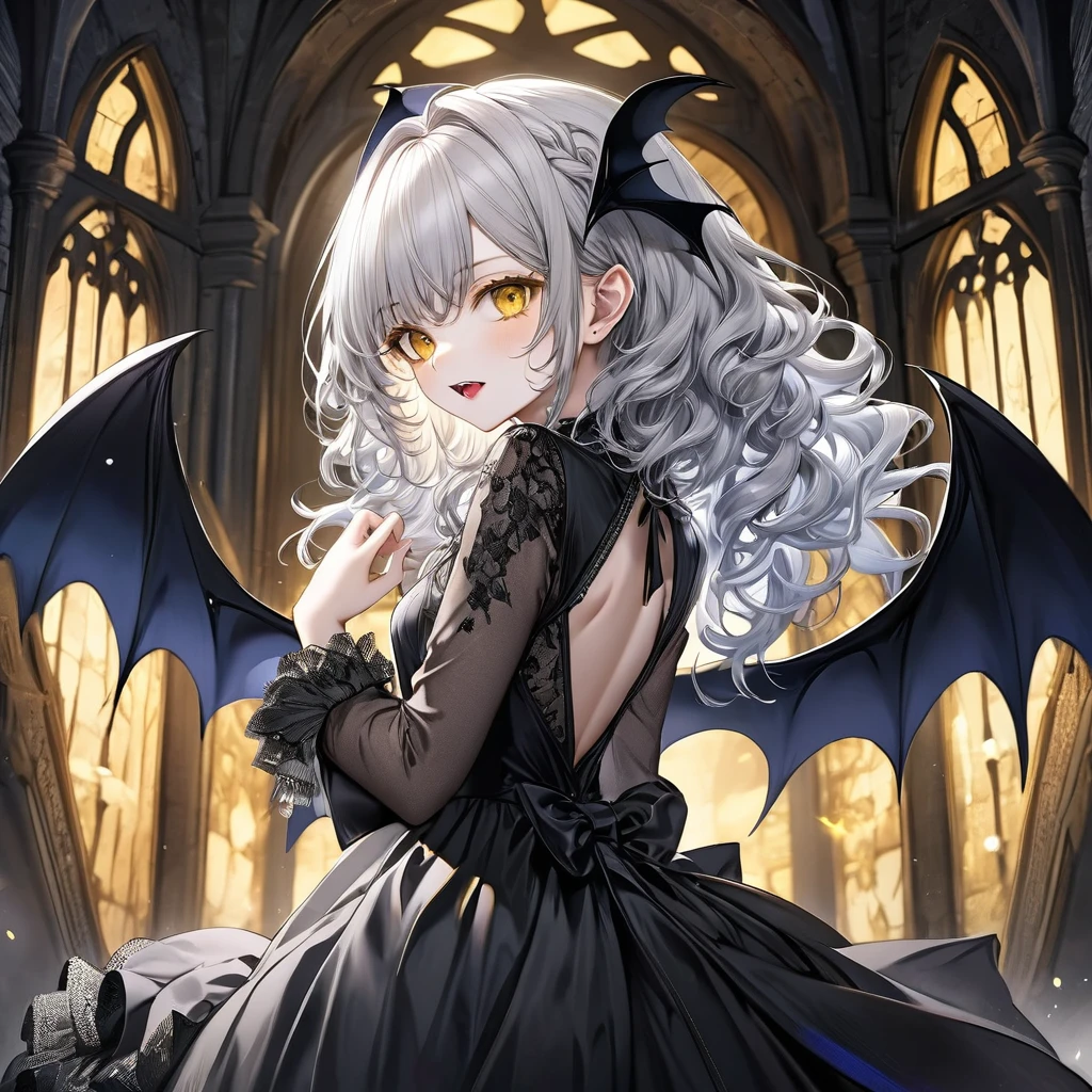(professional photography style), (10 yo, solo curly silver hair long hair beautiful vampire girl, detailed yellow eyes, white skin, own back with biggest Bat Wings, detailed Canine mouth), in a black elegant dress, break, in the Old castle of night, background lightning:1.5, BREAK, perfect anatomy, masterpiece, best quality, 16k, beautiful detailed darkness:1.3, daydreaming expression.
