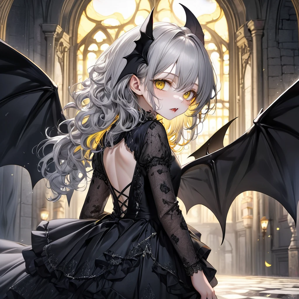 (professional photography style), (10 yo, solo curly silver hair long hair beautiful vampire girl, detailed yellow eyes, white skin, own back with biggest Bat Wings, detailed Canine mouth), in a black elegant dress, break, in the Old castle of night, background lightning:1.5, BREAK, perfect anatomy, masterpiece, best quality, 16k, beautiful detailed darkness:1.3, daydreaming expression.