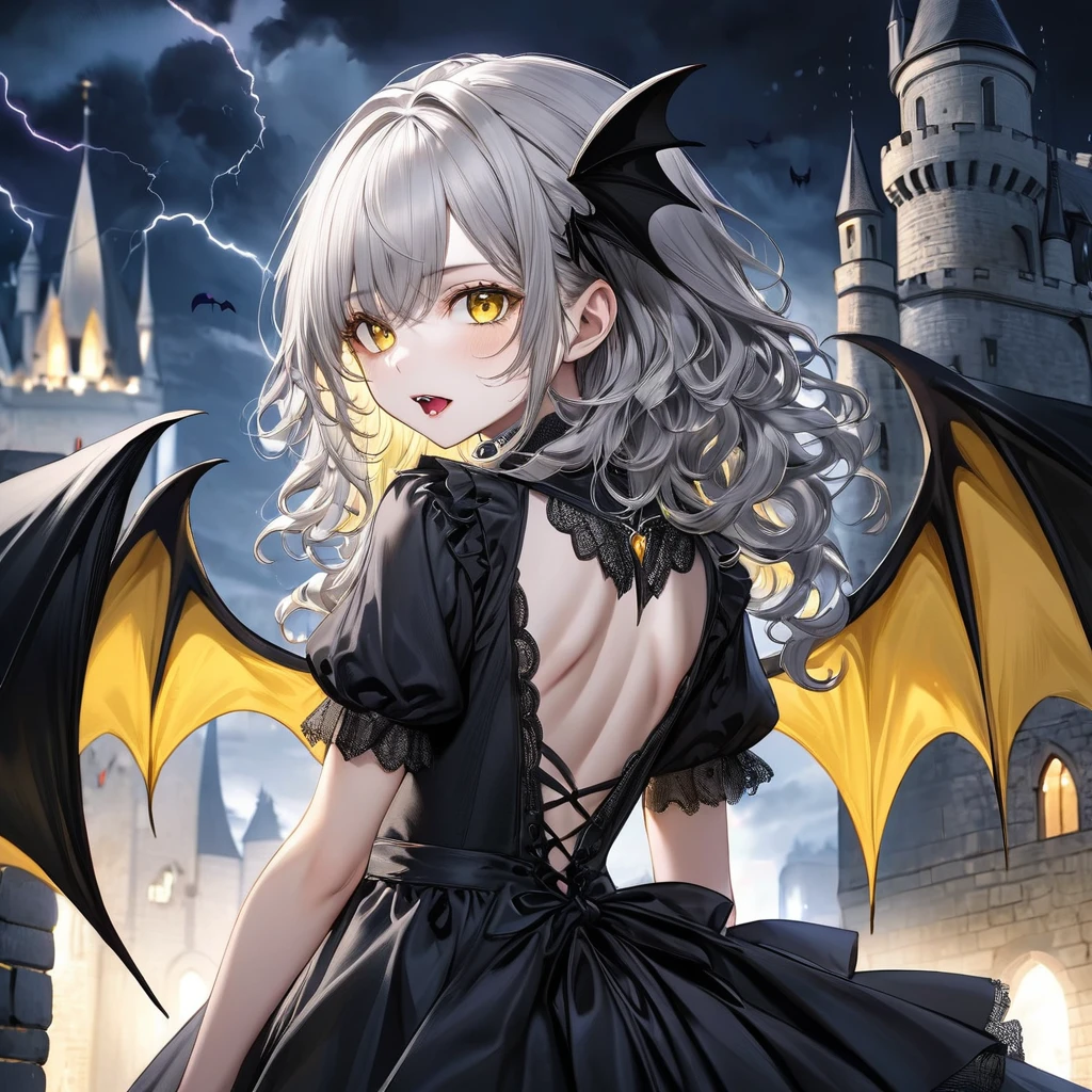 (professional photography style), (10 yo, solo curly silver hair long hair beautiful vampire girl, detailed yellow eyes, white skin, own back with biggest Bat Wings, detailed Canine mouth), in a black elegant dress, break, in the Old castle of night, background lightning:1.5, BREAK, perfect anatomy, masterpiece, best quality, 16k, beautiful detailed darkness:1.3, daydreaming expression.