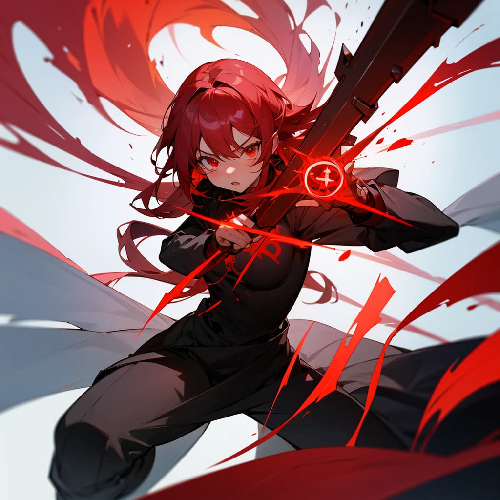 anime girl, holding powerful red rune in between hands, powerful scenemy, black and red energy overflowing around