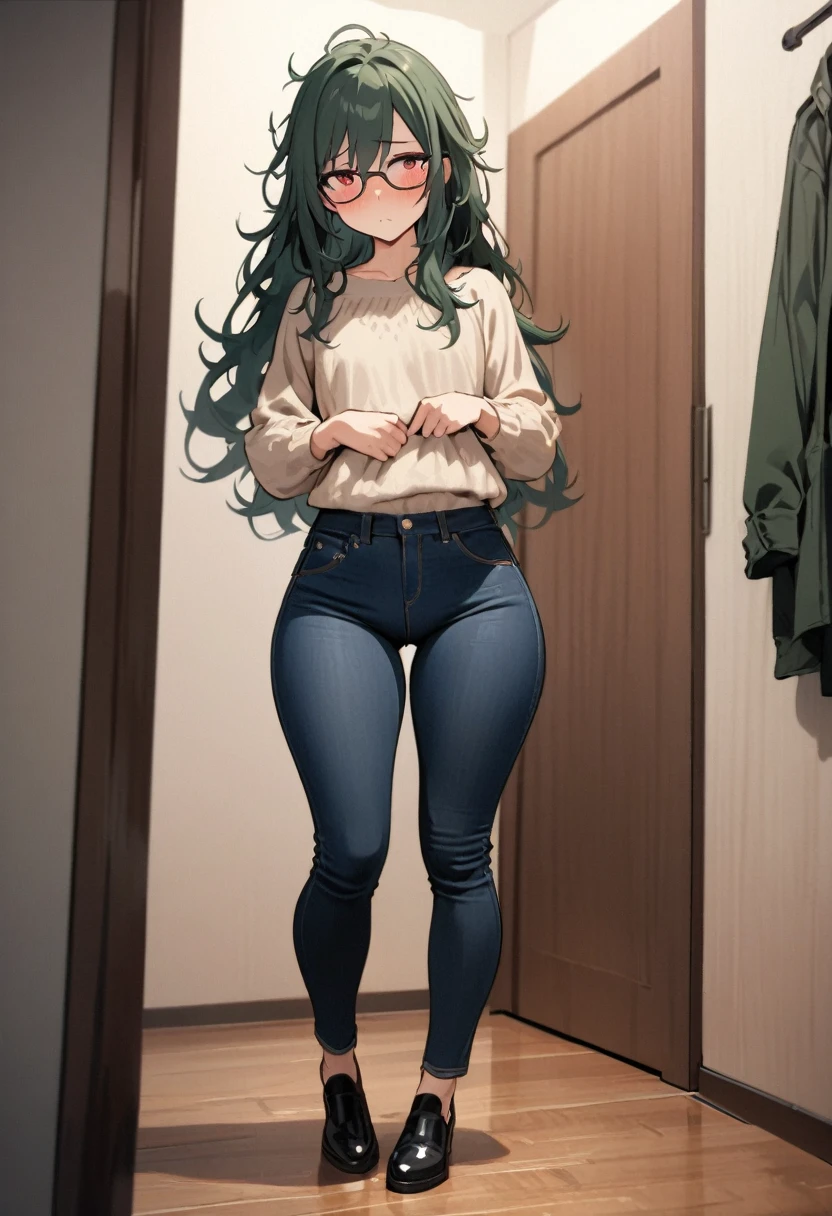 masterpiece, best quality, 1 female, solo, 35 year old female,full body,standing ,butt is facing towards me,casual outfit, jeans,flat chest,Long Hair, Dark Green Hair,messy hair,glasses, red eyes,Shy , wide hips,tall,in room,ass