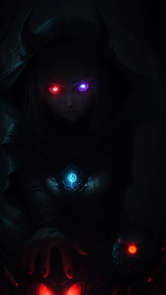 girl, glowing eyes, evil and scary, кроваво-красный, крадется, когти, крылья ворона