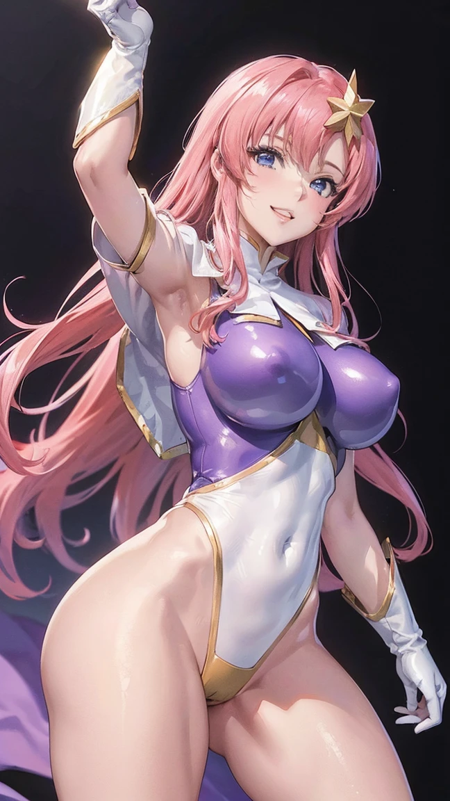 (masterpiece)、(Highest image quality)、(Super detailed)、(extremely detailed)、4K、(8K)、Highest image quality、(beautiful)、
more campbell, 1 girl, star hair ornaments, hair ornaments, pink hair, long hair, gloves, Leotard Purple leotard, white leotard, leotard that bites、super breasts、thick thighs、,light smile、dynamic pose、dynamic angle、noise removal、emphasis on crotch、chest enhancement